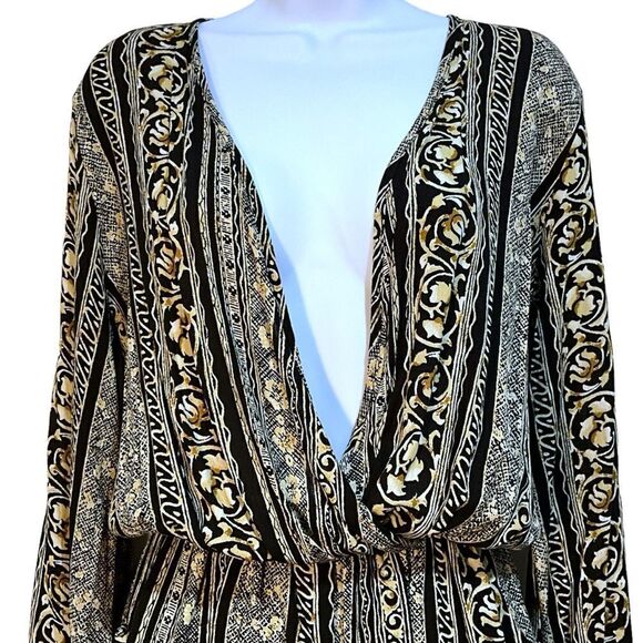 HONEY PUNCH Shorts Romper Black and Browns Deep Sexy V-Neck Size S - Picture 2 of 16